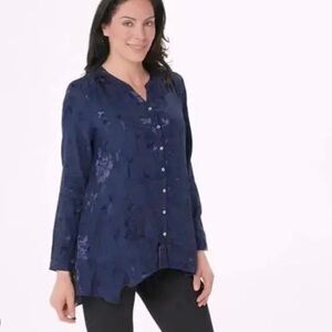 LOGO LORI GOLDSTEIN L NWOT Woven blue floral silky jacquard blouse classic